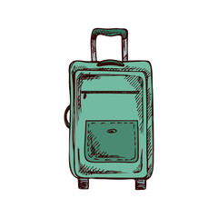Hand-drawn green suitcase travel illustration in vintage engraved style