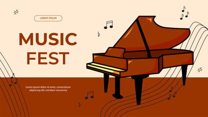 Music festival banner with piano. For poster, card, banner, discount, special offer, cover, menu, advertising. Vector illustration EPS10 

