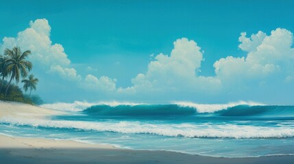Obraz premium Serene Tropical Beach with Gentle Waves and Lush Palm Trees under a Clear Blue Sky and Fluffy Clouds for Nature and Travel Enthusiasts