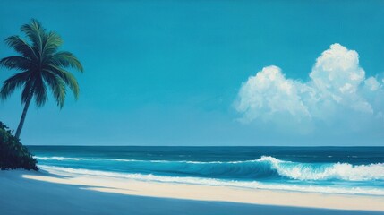 Obraz premium Serene Tropical Beach Scene with Palm Tree and Gentle Waves Under a Clear Blue Sky at Midday