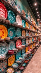 Vibrant, handcrafted plates and bowls displayed on shelves, showcasing a variety of colors and patterns.