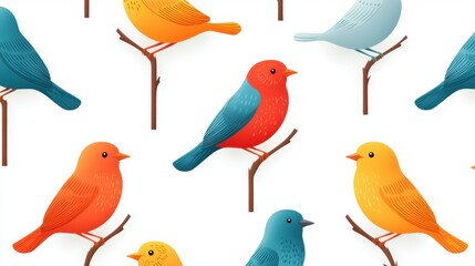 Naklejka premium Colorful Illustrations of Various Birds on Branches in a Playful Pattern for Creative Projects and Designs