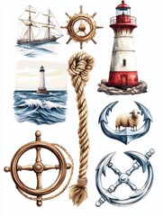 Marine and nautical heraldic and logo elements - ropes, lighthouse, anchors, sheep and steering wheel - isolated on white