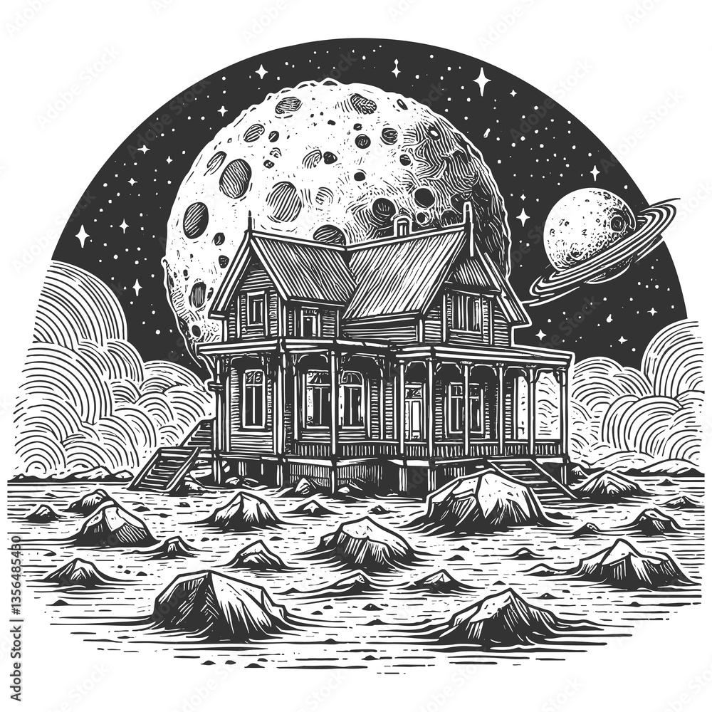 Poster house on a rocky alien landscape with a large moon and planets in the background sketch engraving ge