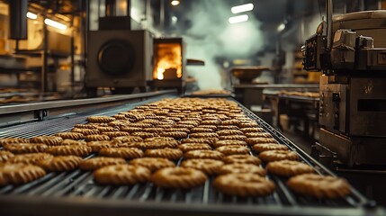 Fototapeta premium Freshly Baked Cookies on Conveyor Belt in Factory, A conveyor belt with freshly baked cookies in a factory setting