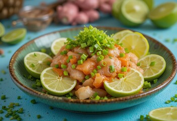 A vibrant ceviche showcasing fresh citrus and seafood elegance with a shallow depth of field and turquoise backdrop