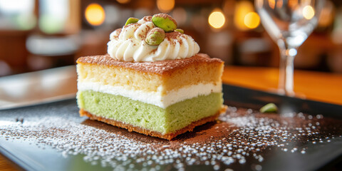A piece of tiramisu, layered with green cake and white cream on top, sprinkled with pistachios and chocolate. AI generative.