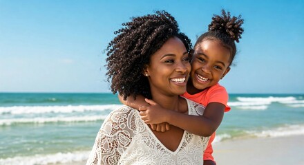 A joyful mother and daughter, with dark curly hair and warm smiles, embrace on a sunny beach with ocean waves in the background, capturing a precious family moment.