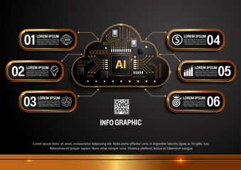 6 step business infographic template, AI driven workflow, corporate presentation, data visualization, business report background, vector illustration, not AI generated.