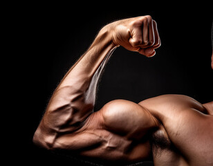 Close up del biceps y el hombro de un brazo de hombre deportista musculoso aislado en fondo negro 