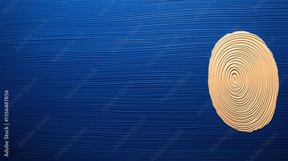 Poster a textured blue background features a circular, spiral design in a contrasting color, creating an ab