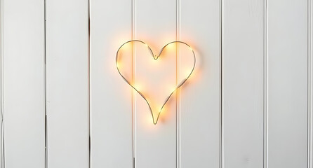 Glowing Heart of String Lights on White Wooden Background

