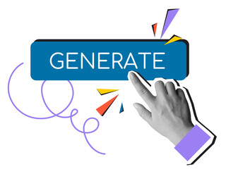 Black and white hand push the button with a text Generate. Using of a artificial intelligence. Modern collage style. Illustration on transparent background