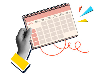 A black and white hand holds a calendar. Modern photo collage style. Illustration on transparent background