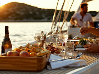A table of food on a yacht at sunset.AI generative.