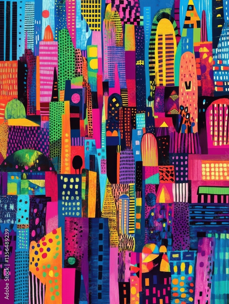 Poster a colorful cityscape in a pop art style with bold shapes and patterns