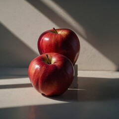 "A close-up of a freshly picked apple with a green leaf still attached, realistic texture and lighting, no branding.

