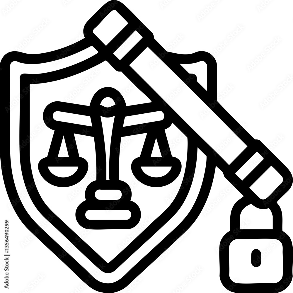 Poster law restriction policy concept. shield with scales and a lock symbolizing law and security.