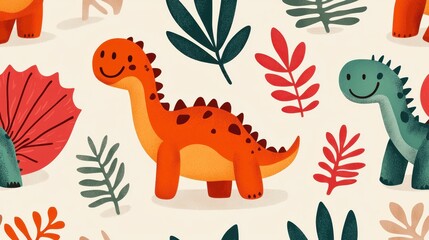 Obraz premium Colorful Cartoon Dinosaurs Surrounded by Tropical Leaves and Plants in a Playful Design for Children’s Art and Educational Materials