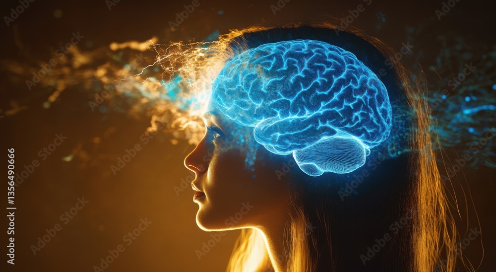 Poster depiction of a human brain glowing with energy from behind a woman's head, highlighting her profile.