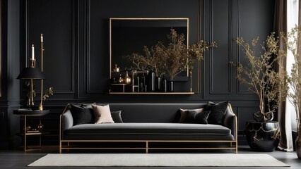 A minimalistic interior features a blank white canvas mounted on a dark gray wall
