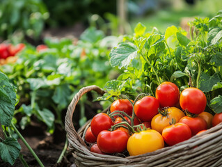 Harvesting a bountiful crop of colorful tomatoes amidst a flourishing organic garden during summer Generative AI