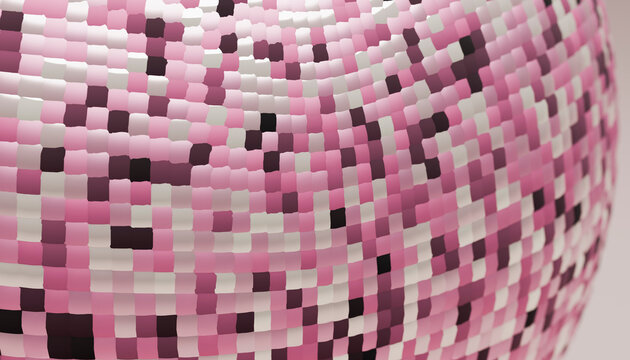 Abstract 3D render of a geometric sphere with a pixelated pattern in white, red, and brown.