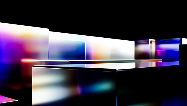 Abstract 3D render of colorful reflective rectangles on a dark background