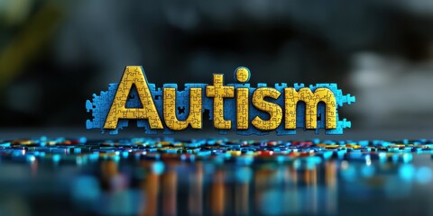 Dark green visual of autism puzzle text on glowing background, calm and introspective.