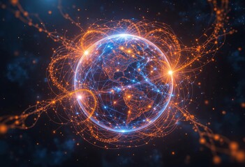 Obraz premium Connecting Our World A Digital Embrace of Innovation and Global Networks in Warm Orange and Blue Tones.
