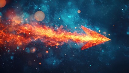 Fototapeta premium Fiery arrow pointing forward in a cosmic backdrop