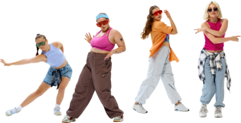 Creative group of girls, hip-hop dancers, dressed urban, vibrant outfits dancing in motion against transparent background. Concept of fashion and art, music and dance, sport and hobby.