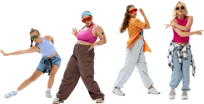 Creative group of girls, hip-hop dancers, dressed urban, vibrant outfits dancing in motion against transparent background. Concept of fashion and art, music and dance, sport and hobby.