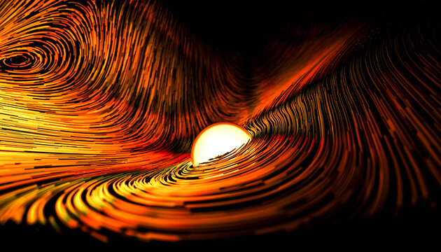 Abstract 3D render of a glowing sphere with orange lines and undulations on a dark background