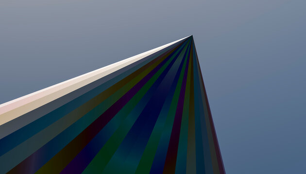Abstract 3D render of a colorful geometric cone with rainbow reflections