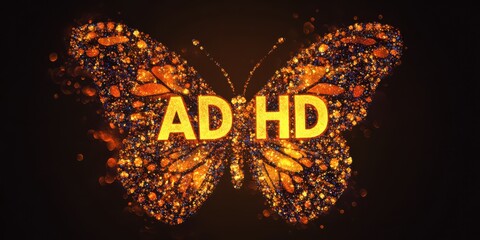 Orange butterfly with ADHD brain core glowing at the center, blending organic and cognitive symbols.
