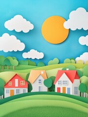 Fototapeta premium Charming paper cutout houses with a bright sun and fluffy clouds, showcasing a peaceful countryside landscape.