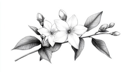 Delicate Hand-Drawn Illustration of Jasmine Flowers with Buds and Leaves on White Background for Elegant Decor and Floral Design