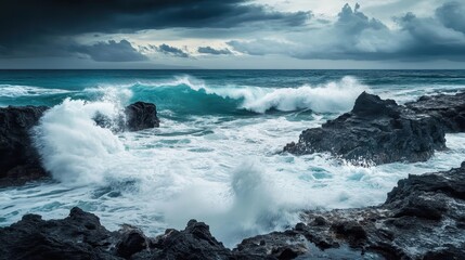 Obraz premium Dramatic ocean waves crash against jagged black coastal rocks