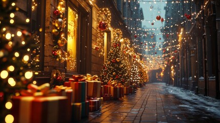 On Christmas Eve, the streets are decorated with holiday lights and decorations, and there are many gift boxes along the streets. The soft lighting, looking up angle, strong sense of depth, soft warm 