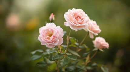 Delicate Pink Roses Blooming in a Serene Garden Setting with Soft Background Blur, Symbolizing Love and Beauty in Nature
