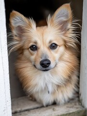 Dog with a fluffy coat and a black nose is looking at the camera