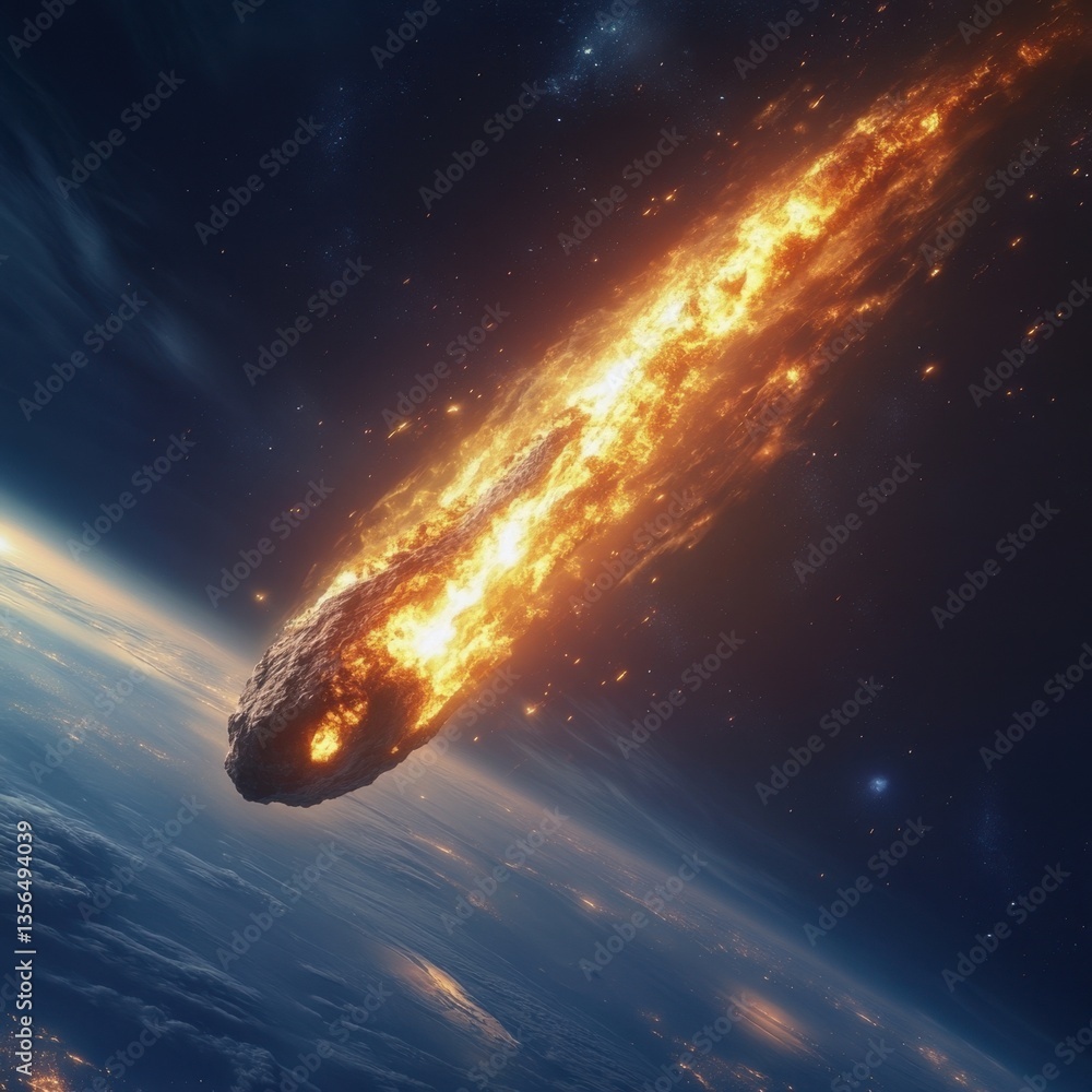 Poster fiery asteroid hurtling through space towards earth creating a dramatic cosmic event with potential 