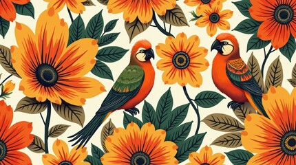 Vibrant tropical parrots perched amidst bold orange and yellow floral foliage