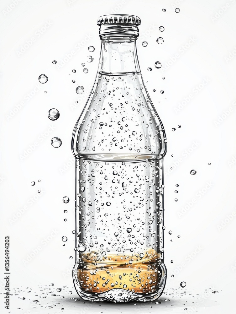 Poster transparent bottle with bubbles and citrus slice in sparkling water on light background