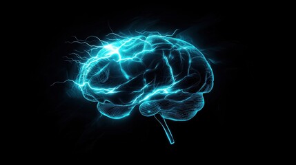 Stunning Neon Brain Illustration with Electric Sparks, Digital Art of Human Mind, Abstract Concept of Intelligence and Neural Activity on Dark Background
