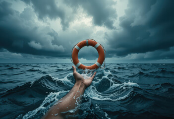 Desperate Reach Life Ring Amidst Stormy Seas Seeking Hope and Rescue Moody Oceanic Scene with Dramatic Sky
