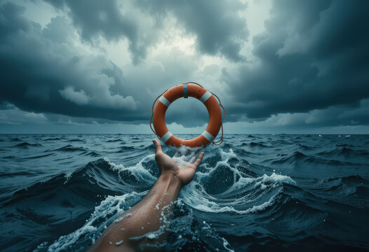 Desperate Reach Life Ring Amidst Stormy Seas Seeking Hope and Rescue Moody Oceanic Scene with Dramatic Sky