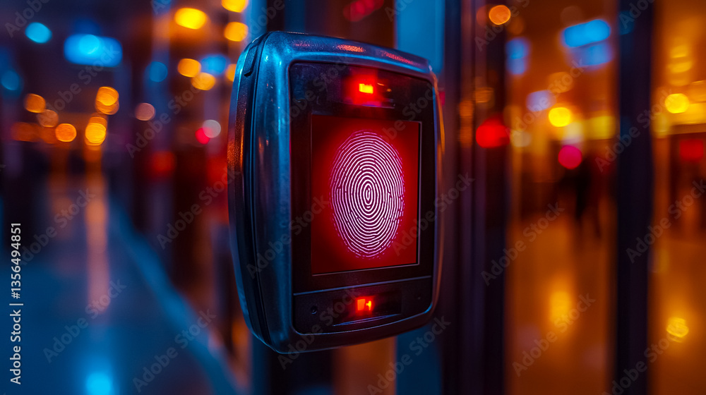 Poster futuristic biometric scanner displaying red light pattern in dimly lit urban environment with bokeh 