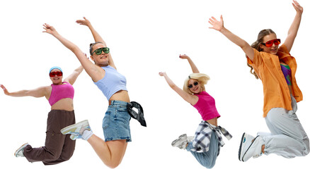 Four friends, dressed in stylish, colorful attire and sunglasses, show off their dance moves in fun...